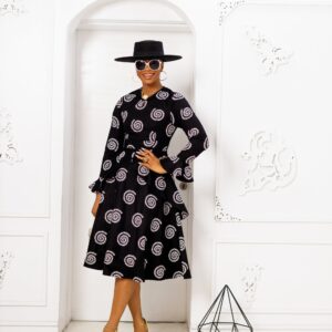 KOFI AFRICAN PRINT FLARE SLEEVE DRESS [BLACK]