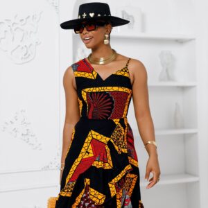 REMI AFRICAN PRINT SCALLOP PLEATED DRESS [RED]