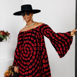 TIYE AFRICAN PRINT OFF SHOULDER DRESS [RED]