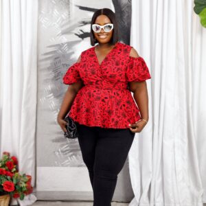 JEMIMA AFRICAN PRINT COLD SHOULDER WRAP TOP [RED]