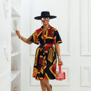 LALA AFRICAN PRINT FLARE SLEEVE BUTTON DRESS [BLACK N RED]