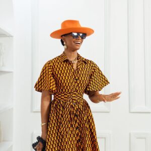 LALA AFRICAN PRINT FLARE SLEEVE BUTTON DRESS