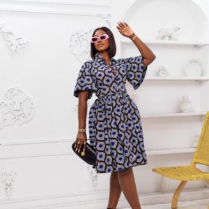 LALA AFRICAN PRINT FLARE SLEEVE BUTTON DRESS [BLUE]